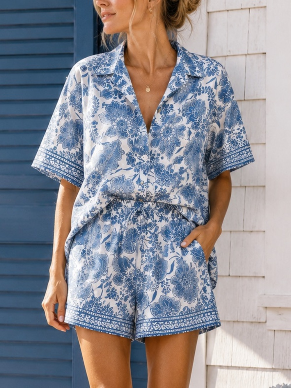 NWT Rachel Zoe 100% Cotton Blue Floral Matching Set Shorts & Button Front Top S